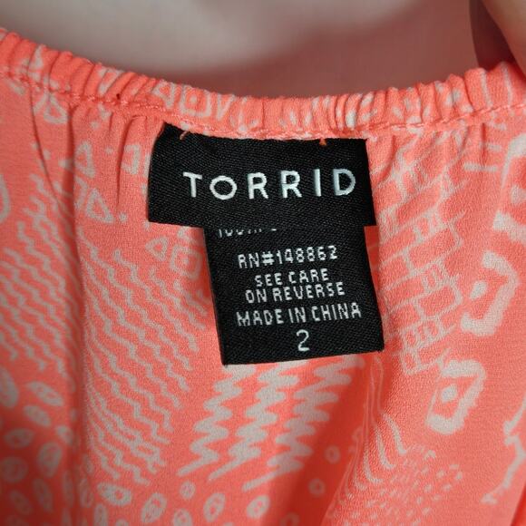 Torrid Neon Coral & White Doodle Print Georgette Ruffle Blouse Women's 2X - Picture 5 of 8